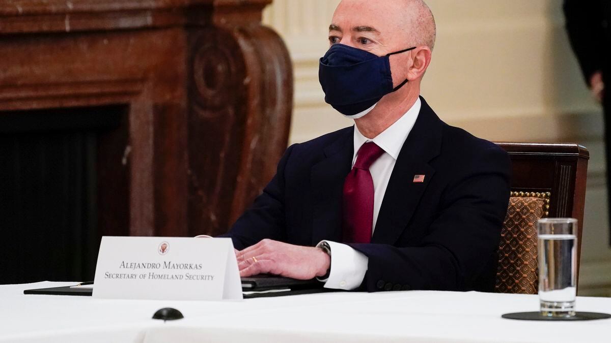 Secretary of Homeland Security Secretary Alejandro Mayorkas attends a Cabinet meeting with...