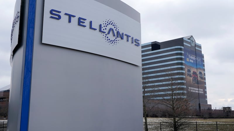 FILE - The Stellantis sign is seen outside the Chrysler Technology Center in Auburn Hills,...