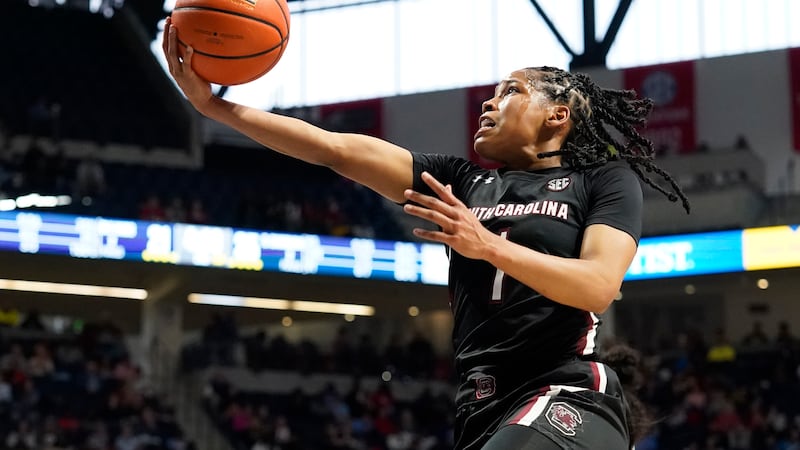 South Carolina guard Zia Cooke (1) leaps for a layup-attempt during the first half of an NCAA...