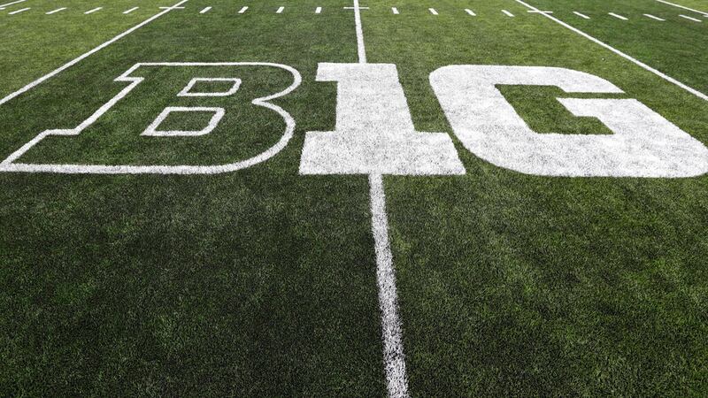 FILE - In this Aug. 31, 2019, file photo, the Big Ten logo is displayed on the field before an...