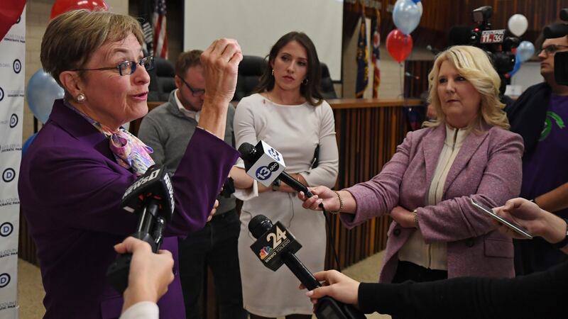 Rep. Marcy Kaptur, D-Ohio, speaks to the media at her election night watch party, Tuesday,...