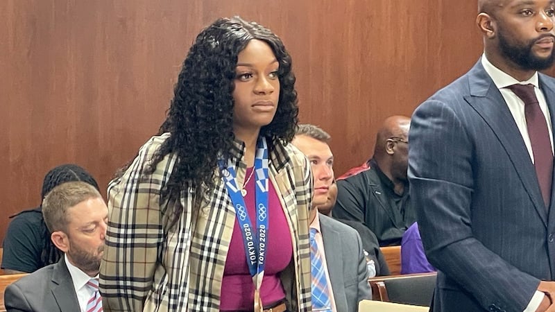 Olympian and Toledoan Oshae Jones appears in a Lucas County courtroom on August 30, 2022.
