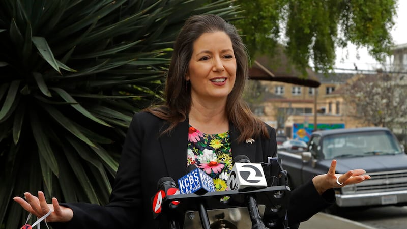 FILE - In this April 10, 2020, file photo, Oakland Mayor Libby Schaaf speaks at a news...
