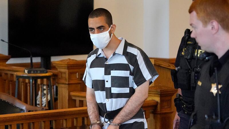 FILE - Hadi Matar, 24, center, arrives for an arraignment in the Chautauqua County Courthouse...