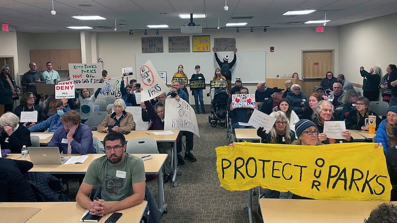 Protesters against fracking in state parks gathered for an Oil and Gas Land Management...