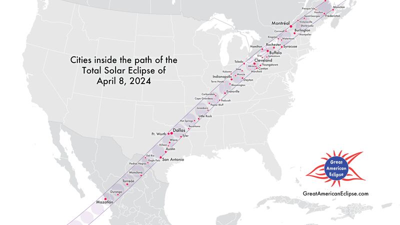The path of totality in the U.S. for the April 8, 2024 solar eclipse.