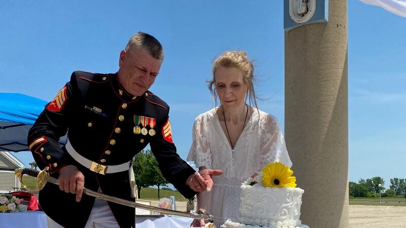 A cake donated by Wixey's Bakery was ready for the bride and groom.