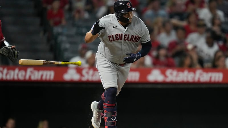 Cleveland Guardians designated hitter Josh Naylor (22) singles during the third inning of a...