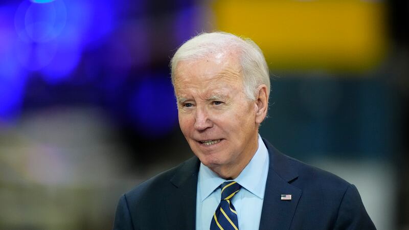 FILE - President Joe Biden speaks at the Amtrak Bear Maintenance Facility, Monday, Nov. 6,...