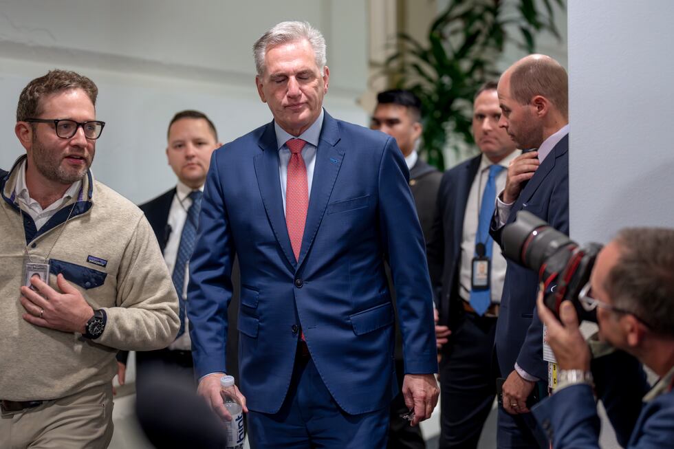 Speaker of the House Kevin McCarthy, R-Calif., emerges from a closed-door Republican strategy...
