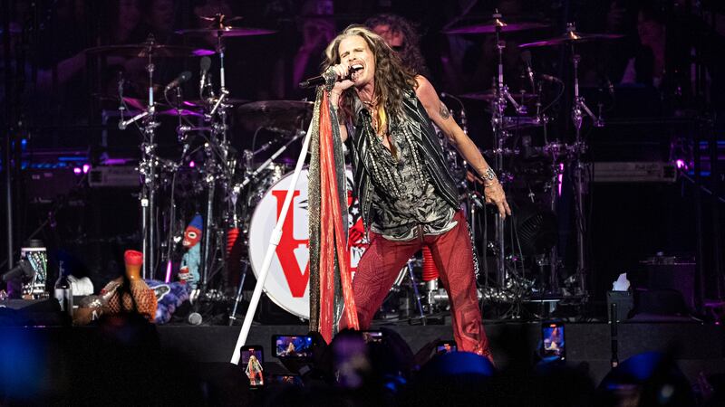 Steven Tyler of Aerosmith performs during Night 1 of their "Peace Out: The Farewell Tour" on...
