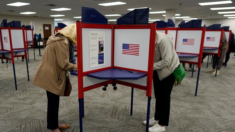 Voters stand in partitioned booths to fill out their ballots during early in-person voting at...